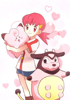 1girl blush blush_stickers brown_socks buttons clefairy closed_mouth commentary_request eyelashes gen_1_pokemon gen_2_pokemon hair_ornament hairclip heart highres holding holding_pokemon jacket kyanos_(b_0000ff) long_hair miltank nintendo pink_eyes pink_hair pokemon pokemon_(creature) pokemon_hgss short_shorts short_sleeves shorts smile socks white_background white_jacket whitney_(pokemon)