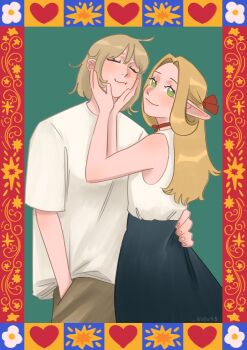 2girls absurdres arm_around_waist black_skirt blonde_hair bubu98 choker closed_eyes couple cowboy_shot dungeon_meshi elf falin_touden green_background green_eyes grey_pants hair_between_eyes hair_ribbon half_updo hand_in_pocket hands_on_another&#039;s_cheeks hands_on_another&#039;s_face highres long_hair marcille_donato multiple_girls pants parted_bangs pointy_ears red_choker red_ribbon ribbon shirt short_hair skirt sleeveless sleeveless_shirt smile t-shirt white_shirt yuri