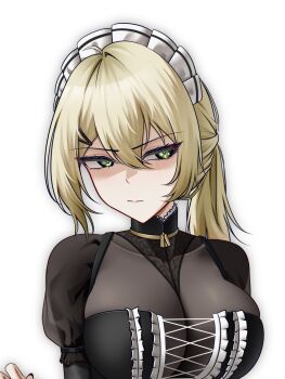 Rule 34 | 1girl, alter kamerade, black dress, blonde hair, breasts, commentary request, cross-laced clothes, cross-laced dress, dress, embarrassed, girls' frontline, girls' frontline 2: exilium, green eyes, hair ornament, hairclip, highres, large breasts, long sleeves, looking at viewer, maid headdress, medium breasts, medium hair, nervous, ponytail, sextans (girls' frontline 2), shaded face, solo, upper body