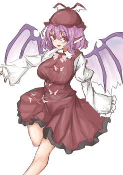 1girl absurdres alternate_breast_size_(larger) bare_legs bird_girl bird_wings blush breasts brown_dress brown_hat commentary_request dress foot_out_of_frame hat highres kuraki large_breasts long_sleeves looking_at_viewer mystia_lorelei pink_hair red_eyes shirt short_hair simple_background smile solo touhou white_background white_shirt wing_ears wing_hat_ornament wing_ornament wings