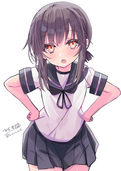 1girl absurdres black_hair black_sailor_collar blush brown_eyes dated fubuki_(kancolle) fubuki_kai_ni_(kancolle) hands_on_own_hips highres hizaka kantai_collection looking_at_viewer low_ponytail open_mouth pleated_skirt ponytail sailor_collar school_uniform serafuku short_hair short_ponytail short_sleeves signature skirt smile solo