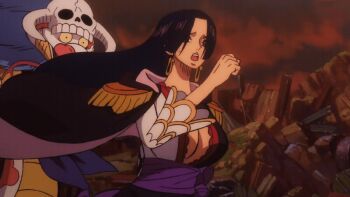 10s 1girl 2019 animated animated_gif black_dress black_hair blue_eyes boa_hancock bouncing_breasts breasts cleavage cloud cloudy_sky dress earrings forked_tongue jewelry large_breasts long_hair one_piece one_piece:_stampede parted_lips purple_sash running salome_(one_piece) sash searching sidelocks skull sky snake snake_earrings sweat tagme tongue two-tone_dress white_dress worried