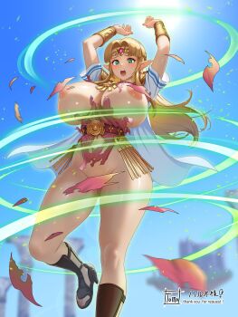 1girl :o absurdres adapted_costume alternate_breast_size_(larger) areola_slip blonde_hair blue_sky breasts cape circlet commentary_request convenient_censoring curvy green_eyes high_heel_sandals highres huge_breasts leotard looking_at_viewer magic nintendo open_mouth pink_leotard pointy_ears princess_zelda sandals sky solo super_smash_bros. the_legend_of_zelda tomo_eokaiteru torn_clothes torn_leotard white_cape
