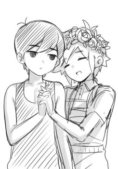 2boys antenna_hair basil_(omori) closed_eyes echigoya_takeru flower_wreath greyscale holding_hands implied_yaoi monochrome multiple_boys omori omori_(omori) tank_top