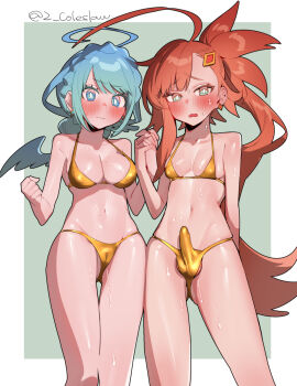 1futa 1girl ahoge averting_eyes bikini blue_eyes blue_hair blush border braid breasts bright_pupils bulge cameltoe character_request check_character collarbone commentary_request crown_braid earrings erection erection_under_clothes futanari gold_bikini green_background green_eyes highres holding_hands huge_ahoge jewelry looking_at_viewer medium_breasts medium_penis mirin_chikuwa multiple_girls navel open_mouth original outside_border parted_bangs red_hair small_breasts stomach sweat swimsuit testicle_peek testicles triangle_bikini_top twitter_username wavy_mouth white_border white_pupils