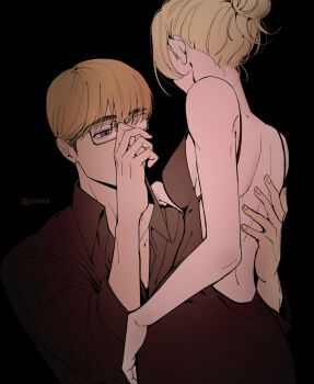 1boy 1girl adjusting_eyewear annie_leonhart arm_around_back armin_arlert backless_dress backless_outfit bare_arms bare_shoulders black_background blonde_hair breasts brown_dress brown_shirt collared_shirt couple dress glasses hair_between_eyes hair_bun hetero highres jorlerx medium_breasts shingeki_no_kyojin shirt short_hair sideboob sleeveless sleeveless_dress twitter_username updo upper_body