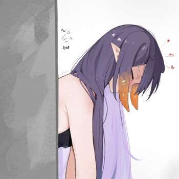 1girl bent_over black_shirt closed_eyes commentary from_side gradient_hair heart highres hololive hololive_english implied_sex ku_roiko long_hair multicolored_hair ninomae_ina'nis open_mouth orange_hair pointy_ears purple_hair shirt sidelocks simple_background sleeveless sleeveless_shirt solo sound_effects tentacle_hair virtual_youtuber white_background