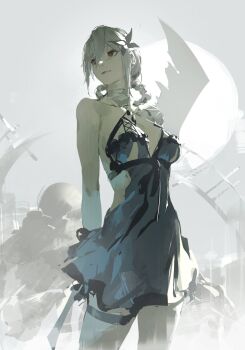 1girl backless_outfit bandaged_arm bandaged_neck bandages blue_negligee braid braided_hair_rings breasts brown_eyes cleavage commentary flower hair_rings highres kaine_(nier) kuno_(runkunochan) lingerie lunar_tear negligee nier nier_(series) single_bare_shoulder underwear white_flower white_hair