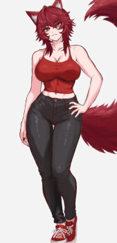 1girl absurdres animal_ear_fluff animal_ears black_nails black_pants breasts cleavage closed_mouth commentary fingernails full_body hand_on_own_hip head_tilt highres indie_virtual_youtuber large_breasts looking_at_viewer meibin midriff nail_polish pants red_hair red_shoes red_tank_top sharp_fingernails shoes short_hair smile sneakers solo tail tank_top virtual_youtuber white_background wolf_ears wolf_girl wolf_tail yellow_eyes zentreya
