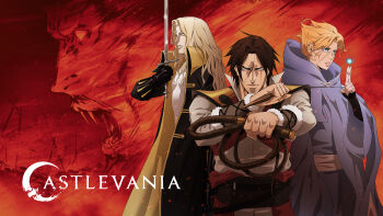 1girl 3boys alucard_(castlevania) beard bishounen blonde_hair blue_eyes brown_hair castlevania_(netflix) castlevania_(series) cloak coat copyright_name cross dagger dhampir dracula dracula_(castlevania) facial_hair fangs half-human highres knife long_hair looking_at_viewer magic multiple_boys mustache official_art open_mouth orange_hair popped_collar ralph_c_belmont red_background samuel_deats sword sypha_belnades undead vampire weapon whip yellow_eyes