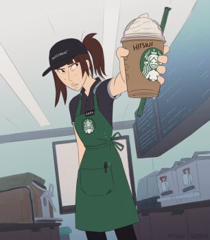 Rule 34 | 1girl, apron, artist name, brand name imitation, brown hair, commentary, cup, drinking straw, english commentary, foreshortening, freckles, green apron, hat, highres, hitsuji (hitsujigoods), holding, holding cup, kara eklund, name tag, neet girl date night, original, pen, polo shirt, ponytail, signature, solo, starbucks, teeth, whipped cream