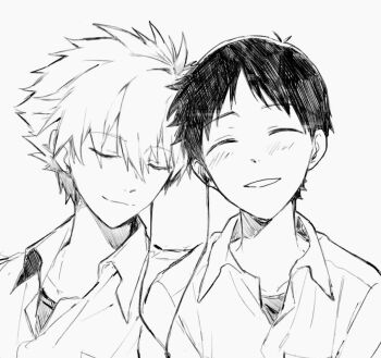 Rule 34 | 2boys, blush, closed mouth, collared shirt, commentary request, earphones, facing viewer, greyscale, hair between eyes, happy, heads together, ikari shinji, m3gris3, male focus, monochrome, multiple boys, nagisa kaworu, neon genesis evangelion, shared earphones, shirt, simple background, smile, teeth, upper body, white background, yaoi