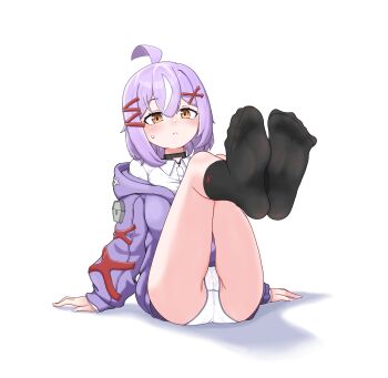 1girl absurdres black_socks blush brown_eyes feet feet_up highres langui_moxia looking_at_viewer medium_hair original panties pantyshot purple_hair socks soles toes underwear