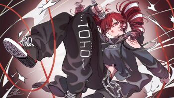 1girl absurdres arm_cutout arm_tattoo belt black_choker black_pants black_shoes chain choker clothing_cutout contemporary cropped_hoodie drawstring drill_hair floating_clothes gradient_background grey_hoodie hair_ribbon highres holding holding_microphone hood hoodie kasane_teto kasane_teto_(sv) long_sleeves looking_at_viewer medium_hair microphone multicolored_hair number_tattoo open_mouth pants pink_hair red_background red_belt red_hair ribbon shoes solo sweatpants synthesizer_v tattoo tiffy_owoo twin_drills variant_set video_thumbnail white_background white_ribbon