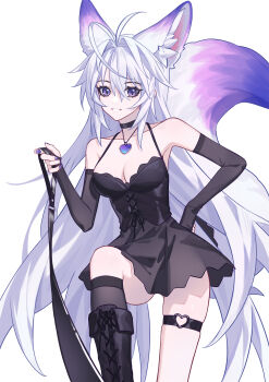 1girl absurdres animal_ears bare_shoulders black_boots black_bridal_gauntlets black_choker black_dress boots breasts bridal_gauntlets choker cleavage collarbone commentary dress extra_ears fox_ears fox_girl fox_tail grin hair_between_eyes hair_intakes hand_on_own_hip heart heart_necklace highres holding holding_leash jewelry large_breasts leash leg_up long_hair looking_at_viewer luo_shun_yao meng_xi_xuan nail_polish necklace open_mouth original pov purple_eyes purple_nails revision sidelocks simple_background smile solo tail thigh_strap thighs variant_set very_long_hair viewer_on_leash white_background white_hair