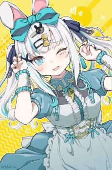 1girl animal_ear_hairband animal_ears apron ars_almal blue_dress blue_eyes blue_headdress blue_jacket blue_ribbon blue_streaks blush breasts cowboy_shot dress fake_animal_ears frilled_apron frilled_wrist_cuffs frills from_below grey_hair hair_between_eyes hair_ornament hair_ribbon hairband hairclip highres jacket jersey_maid large_ribbon light_blush light_smile lightning_bolt_symbol looking_at_viewer maid maid_apron medium_hair multicolored_hair nijisanji one_eye_closed puffy_sleeves rabbit_ears rabbit_hair_ornament rabbit_pose ribbon short_sleeves sidelocks simple_background skirt smile sticker sticker_on_face streaked_hair tatami_kami turtleneck turtleneck_jacket twintails two-tone_hair unconventional_maid virtual_youtuber waist_apron white_apron white_hair wrist_cuffs yellow_background zipper_pull_tab