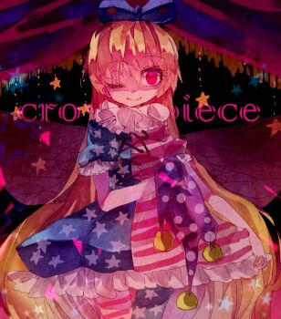 1girl american_flag_dress american_flag_legwear black_background blonde_hair character_name closed_mouth clownpiece commentary_request cowboy_shot curtains dress hat jester_cap long_hair looking_at_viewer neck_ruff one-hour_drawing_challenge one_eye_closed pantyhose purple_hat red_eyes shinjitsu_no_kuchi smile solo star_(symbol) star_print striped_clothes striped_dress striped_pantyhose touhou unworn_hat unworn_headwear very_long_hair winding_key