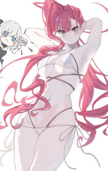 Rule 34 | 2girls, arms up, baobhan sith (fate), baobhan sith (swimsuit pretender) (third ascension) (fate), bikini, blue eyes, blush, breasts, fate/grand order, fate (series), grey eyes, highres, looking at viewer, morgan le fay (fate), mother and daughter, multiple girls, navel, pink hair, pointy ears, side ponytail, swimsuit, tsukatsuka (riyouoshi), white bikini, white hair