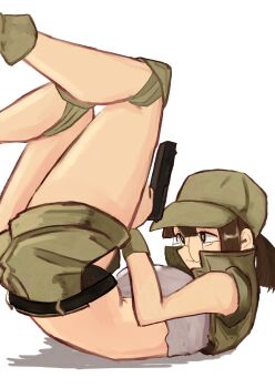 belt brown_eyes brown_hair crop_top field_cap fio_germi glasses gun hat highres holding holding_gun holding_weapon knee_pads legs_up lying metal_slug military on_back ponytail round_eyewear shorts solo tikuwabu_33 weapon white_background