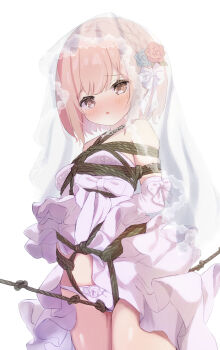 1girl :o arms_behind_back bdsm blush bondage bound bound_arms bound_breasts bound_torso bow bow_panties bowtie breast_bondage breasts bridal_veil crotch_rope detached_sleeves dress embarrassed female_focus flower flower_on_head frilled_panties frills hair_bow hair_ornament hamuta_(machosbrown) highres jewelry lace lace_trim loli looking_at_viewer medium_hair necklace open_mouth orange_eyes original panties pink_dress pink_hair pink_panties pussy_juice rope_walking see-through_clothes see-through_veil shibari shibari_over_clothes simple_background skindentation small_breasts solo_focus thighs underwear veil wedding_dress white_background