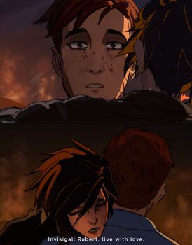 1boy 1girl artist_name blood blood_on_face brown_eyes brown_hair cemiquirs closed_eyes commentary dispatch english_text fire from_behind highres invisigal looking_at_viewer outdoors parted_lips robert_robertson short_hair spiked_hair teeth