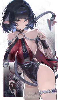 1girl absurdres animal_ears black_choker black_hair black_one-piece_swimsuit breasts choker fishnet_sleeves fishnets green_eyes highres jane_doe_(nocturne_of_light)_(zenless_zone_zero) jane_doe_(zenless_zone_zero) large_breasts leather_leotard long_hair looking_at_viewer mouse_ears mouse_girl mouse_tail o-ring o-ring_choker official_alternate_costume one-piece_swimsuit pepeti_q red_one-piece_swimsuit sharp_tail smile solo swimsuit tail tail_between_breasts zenless_zone_zero