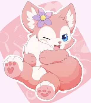 1girl absurdres animal_ears blue_eyes commentary_request duffy_and_friends flower fox fox_girl full_body furry furry_female hair_flower hair_ornament highres linabell looking_at_viewer one_eye_closed pink_fur smile solo stuffed_toy thematy