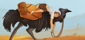 1girl 1other bird brown_pants desert greekceltic green_eyes holding holding_reins jacky_(greekceltic) medium_hair orange_hair original ostrich outdoors pants ponytail reins saddle saddlebags shirt tail white_shirt