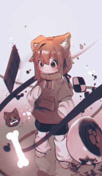 1boy 4imic absurdres animal_ear_fluff animal_ears black_ribbon black_shorts blush bone brown_eyes brown_hair brown_shirt brown_shoes brown_shorts cartoon_bone child chromatic_aberration closed_mouth cookie dice dog dog_boy dog_ears dog_girl dog_tail drawstring film_grain floating floating_object food full_body hair_between_eyes hand_in_pocket hand_on_own_chest highres hood hood_down hoodie layered_sleeves leg_warmers long_hair long_sleeves low_ponytail male_focus mamehinata paw_print paw_print_pattern pocket ponytail reflection ribbon shirt shoes short_over_long_sleeves short_sleeves shorts sidelocks sleeves_past_fingers sleeves_past_wrists socks solo standing sweater tail vrchat white_shirt white_socks