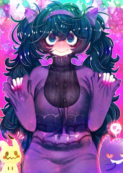 1girl @_@ alternate_hairstyle black_hair black_sweater blue_eyes blush bow breasts breasts_squeezed_together colored_sclera cowboy_shot curly_hair dress flying_sweatdrops gen_1_pokemon gen_7_pokemon gengar grin hair_between_eyes hair_bow hair_ornament hairband hakkasame hands_up headband heart hex_maniac_(pokemon) hex_maniac_(pokemon_xy) holding_sleeves long_hair long_sleeves looking_at_another looking_at_viewer medium_breasts mimikyu multicolored_eyes nail_polish nintendo notice_lines pokemon pokemon_(creature) pokemon_xy ponytail purple_background purple_bow purple_dress purple_eyes purple_nail_polish purple_nails red_sclera ribbed_sweater ringed_eyes sleeves_past_wrists smile spider_web_print spoken_heart straight-on sweat sweat_drops sweater tagme teeth turtleneck turtleneck_sweater twintails two-tone_eyes very_long_hair wavy_mouth wide-eyed