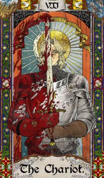 Rule 34 | 1boy, armor, bird, blonde hair, blood, blood in hair, blood on armor, blood on face, blood on gloves, bloody weapon, blue background, blue border, border, breastplate, brown gloves, card (medium), closed mouth, cloud, cloudy sky, commentary request, couter, covering one eye, cowboy shot, cuirass, curtains, english text, fish, flower ornament, full armor, gambeson, gloves, highres, holding, holding sword, holding weapon, looking at viewer, male focus, medium hair, merlin (unholymilk), moon, original, rerebrace, shoulder armor, sky, solo, straight-on, sun, sword, tarot, tarot (medium), thai commentary, the chariot (tarot), unholymilk, upper body, water, weapon, yellow eyes