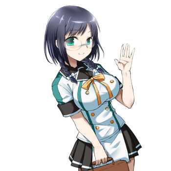 1girl aqua_eyes artist_request bag black_hair black_skirt breasts buttons commentary_request copyright_request cowboy_shot double-breasted highres holding holding_bag large_breasts looking_at_viewer neck_ribbon pleated_skirt ribbon rimless_eyewear round_eyewear school_bag school_uniform second-party_source shinki_itten shirt short_hair simple_background skirt solo waving white_background white_shirt yellow_ribbon