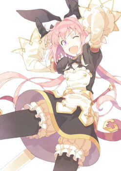 1boy 1girl ;d animal_ear_hairband animal_ears apron arms_up astolfo_(fate) astolfo_(saber)_(fate) astolfo_(saber)_(third_ascension)_(fate) black_dress black_gloves black_pantyhose bloomers buttons commentary_request crossdressing crossdressing_(mtf) dress fake_animal_ears fang fate/grand_order fate_(series) frilled_bloomers gloves gold_buttons hairband juliet_sleeves layered_sleeves long_hair long_sleeves looking_at_viewer low_twintails male_focus official_alternate_costume official_alternate_hairstyle one_eye_closed open_mouth pantyhose pink_hair puffy_sleeves purple_eyes rabbit_ear_hairband rabbit_ears rabbit_pose skin_fang smile solo t-okada trap twintails underwear v-shaped_eyebrows white_apron white_bloomers wide_sleeves