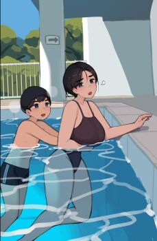1boy 1girl age_difference akiyama_minato_(pepper0) akiyama_yuko_(pepper0) black_hair black_one-piece_swimsuit black_shorts blue_eyes breasts brown_hair cloud day hetero highleg highleg_one-piece_swimsuit highres imminent_penetration incest large_breasts mother_and_son one-piece_swimsuit original outdoors partially_submerged pepper0 pool pushing railing short_hair shorts shota sitting sky swim_cap swimsuit topless_male tree