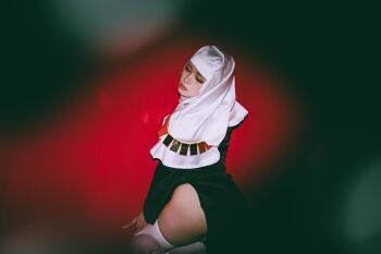 1girl 5y_mmo absurdres black_dress buddhist_nun cosplay cosplay_photo curvy dress fate/extra fate/extra_ccc fate/grand_order fate_(series) gold_necklace highres jewelry mature_female necklace photo_(medium) sessyoin_kiara solo thighhighs white_coif white_thighhighs