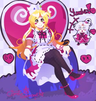 2girls apron artist_name black_pantyhose blonde_hair blush bow breasts capelet chibi comet_summoner98 cosplay crown deformed dress frills grey_eyes grey_hair hair_bobbles hair_ornament heart highres long_hair maid maid_headdress multiple_girls one_side_up pantyhose puffy_short_sleeves puffy_sleeves queen_of_hearts_(alice_in_wonderland) queen_of_hearts_(alice_in_wonderland)_(cosplay) red_dress red_shoes ribbon shinki_(touhou) shoes short_sleeves sitting_on_throne smile talking touhou touhou_(pc-98) yellow_eyes yumeko_(touhou)