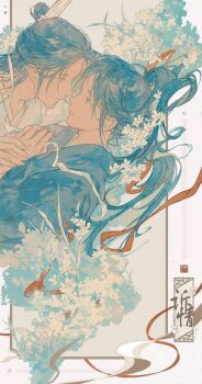 2boys absurdres black_hair black_hanfu chinese_clothes chinese_text commission couple eye_contact face-to-face flower from_side grass grey_eyes hair_ribbon hanfu highres holding holding_hands holding_ribbon lan_wangji leaf long_hair long_sleeves looking_at_another lying male_focus modao_zushi multiple_boys on_back parted_lips ponytail profile ranko_dongmiantai red_ribbon ribbon robe seal_impression second-party_source sidelocks topknot untied_ribbon upper_body wei_wuxian white_flower white_hanfu white_ribbon xiao_guan_(headdress) yaoi yellow_eyes