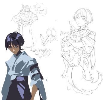 1boy 1girl absurdres aina_(mayexplode) blue_eyes blue_hair braid bridal_gauntlets commentary english_commentary english_text fox fox_girl friends genshin_impact hair_ornament hands_on_own_hips head_tilt highres japanese_clothes kimono leaning_forward long_hair long_sleeves looking_to_the_side looking_up mole mole_under_eye mother_and_son official_alternate_costume raiden_shogun scaramouche_(genshin_impact) scaramouche_(kabukimono)_(genshin_impact) shade sketch sleepy speech_bubble standing white_background wide_sleeves yae_miko yae_miko_(fox)