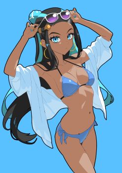 1girl absurdres aqua_hair bikini black_hair blue_background blue_bikini blue_eyes blue_nails breasts closed_mouth commentary_request cowboy_shot crop_top earrings eyewear_on_head highres hoop_earrings jewelry long_hair matsuokalive10 medium_breasts navel nessa_(pokemon) nintendo open_clothes open_shirt pokemon pokemon_swsh purple-tinted_eyewear shirt simple_background solo stomach sunglasses swimsuit tinted_eyewear very_long_hair white_shirt