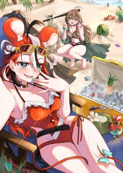 Rule 34 | 3girls, ahoge, animal (nanashi mumei), animal ears, baseball bat, beach, beach chair, blue eyes, brown eyes, brown hair, camera, can, ceres fauna, coconut cup, cooler, crab, dice hair ornament, double v, flower, food, fruit, hair flower, hair ornament, hakos baelz, hakos baelz (holonatsu paradise), holding, holding camera, hololive, hololive english, ice, jewelry, mouse ears, mouse tail, mr. squeaks (hakos baelz), multicolored hair, multiple girls, mumei (song) (hololive), nail polish, nanashi mumei, official alternate costume, one-piece swimsuit, partially buried, pineapple, popsicle, red hair, red one-piece swimsuit, ring, sand, sand writing, selfie, sharp teeth, shell, side-tie one-piece swimsuit, smile, sunglasses, swimsuit, tail, teeth, v, virtual youtuber, vo (sheerra212), water, watermelon