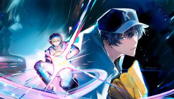 Rule 34 | 2boys, baseball, baseball cap, baseball helmet, baseball uniform, blonde hair, blue eyes, boukyaku battery, hashtag-only commentary, hat, helmet, highres, kaname kei, kiyomine haruka, looking at viewer, male focus, multiple boys, short hair, smile, sportswear, sweat, twitter username, yato 1998