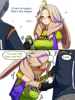 1boy 1girl absurdres animal_ears animal_nose asha_(zenless_zone_zero) blonde_hair breasts dorahdew fingerless_gloves furry furry_female gloves green_eyes highres jacket long_hair looking_at_viewer multicolored_hair purple_hair rabbit_ears rabbit_girl wise_(zenless_zone_zero) zenless_zone_zero