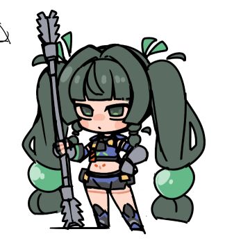 1girl android black_gloves blunt_bangs blush chibi chibi_only crop_top fingerless_gloves gloves green_eyes green_hair holding holding_polearm holding_weapon long_hair polearm qingyi_(zenless_zone_zero) simple_background solo syoya twintails very_long_hair weapon white_background zenless_zone_zero