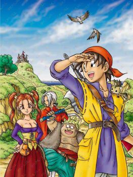 1girl 3boys animal animal_on_shoulder aqua_pants arm_up axe bandana belt belt_buckle bird black_eyes blue_shirt blue_sky breasts brown_eyes brown_hair buckle bush cape castle cleavage cloud cloudy_sky commentary_request corset cross_scar dragon_quest dragon_quest_viii earrings facial_hair facial_scar fat fat_man fur_vest grass grey_hair hair_pulled_back hands_on_own_hips hero_(dq8) highres holding holding_axe holding_weapon horizon jacket jessica_albert jewelry kukuru_(dq8) long_hair low_ponytail medium_breasts metal_hair_tubes mouse_(animal) multiple_boys munchie_(dq8) murakami_yumiko ocean off-shoulder_shirt off_shoulder open_mouth orange_bandana orange_hair outdoors pants ponytail red_cape red_jacket red_skirt scar scar_on_cheek scar_on_face shirt short_hair skirt sky sleeves_rolled_up smile sphere_earrings spiked_hat spiked_helmet stubble sword sword_on_back toriyama_akira_(style) tree vest weapon weapon_on_back yangus yellow_corset yellow_vest