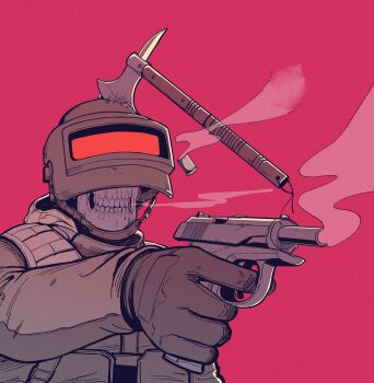 1other altyn_helmet axe combat_helmet commentary english_commentary finger_on_trigger gloves gun handgun hatchet_(axe) helmet highres hood hooded_jacket jacket load_bearing_vest makarov_pm military original parabellum shell_casing skull smoke smoke_trail upper_body visor_(armor) weapon