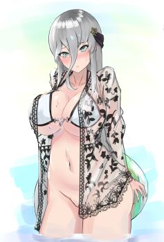 Rule 34 | absurdres, arms behind back, ball, beachball, bikini, bikini top only, blush, boaplant feeder, bottomless, breasts, buckle, commentary request, green eyes, grey hair, hair between eyes, heart, heart-shaped buckle, highres, large breasts, long hair, looking at viewer, navel, official alternate costume, open clothes, open shirt, partially submerged, see-through clothes, see-through shirt, senkou (senran kagura), senran kagura, senran kagura new link, shirt, sidelocks, swimsuit, tearing up, water, white bikini