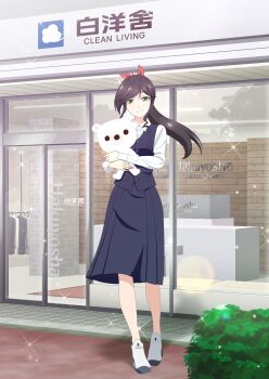 1girl absurdres black_hair black_skirt black_vest bush closed_mouth door full_body green_eyes hair_ribbon highres holding holding_stuffed_toy kinme_wakana kirei_ni_shitemoraemasuka lens_flare long_sleeves looking_at_viewer official_art outdoors ponytail red_ribbon ribbon school_uniform shirt shoes skirt smile solo sparkle storefront stuffed_animal stuffed_toy teddy_bear vest white_shirt white_shoes window