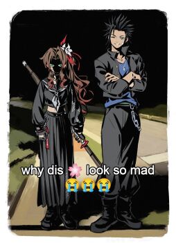 Rule 34 | 1boy, 1girl, aerith gainsborough, aerith gainsborough (midgard seventh high school), bandaid, bandaid on cheek, bandaid on face, black gloves, black hair, black jacket, black pants, black sailor collar, black serafuku, black skirt, blue eyes, blue shirt, brown hair, commentary, cropped shirt, crossed arms, crying emoji, delinquent, emoji, english commentary, english text, final fantasy, final fantasy vii, final fantasy vii: ever crisis, flower, full body, gakuran, gloves, green eyes, grin, hair flower, hair ornament, high ponytail, highres, holding, holding weapon, huosheanng, jacket, jewelry, long hair, long skirt, looking at viewer, meme, midriff, midriff peek, neckerchief, necklace, night, official alternate costume, one eye closed, outdoors, pants, parted bangs, pleated skirt, ponytail, sailor collar, school uniform, serafuku, shaded face, shirt, skirt, sky, smile, spiked hair, standing, straight-on, sukeban, wallet chain, weapon, white flower, white neckerchief, why dis ninja look so mad (meme), zack fair, zack fair (midgard seventh high school)