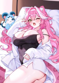 1girl ;o absurdres alternate_costume animal_ear_fluff animal_ears ass black_camisole blush breasts camisole chattino_(raora_panthera) cleavage collared_shirt commentary covered_navel drowsenss english_commentary fang hair_between_eyes highres hololive hololive_english large_breasts long_hair long_sleeves looking_at_viewer lying multicolored_hair no_pants on_bed one_eye_closed open_clothes open_mouth open_shirt panther_ears panther_girl panther_tail pink_hair raora_panthera shirt sidelocks skin_fang sleeves_past_wrists solo streaked_hair tail virtual_youtuber white_hair white_shirt yawning yellow_eyes