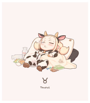 Rule 34 | 1girl, :<, animal costume, animal ears, bell, black hairband, blush, bottle, brown background, brown socks, chibi, closed eyes, closed mouth, cow costume, cow ears, cow horns, facing viewer, fake animal ears, fake horns, food, food on face, hairband, highres, hood, hood down, horns, kozato (yu kozato), little blonde girl (kozato), milk bottle, neck bell, no shoes, nose bubble, onesie, original, pillow, simple background, sleeping, socks, solo, taurus (symbol), taurus (zodiac), zodiac